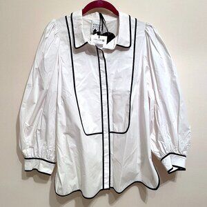 Edward Achour Paris Cotton Puff Sleeve Button Down Blouse - White - Size XL